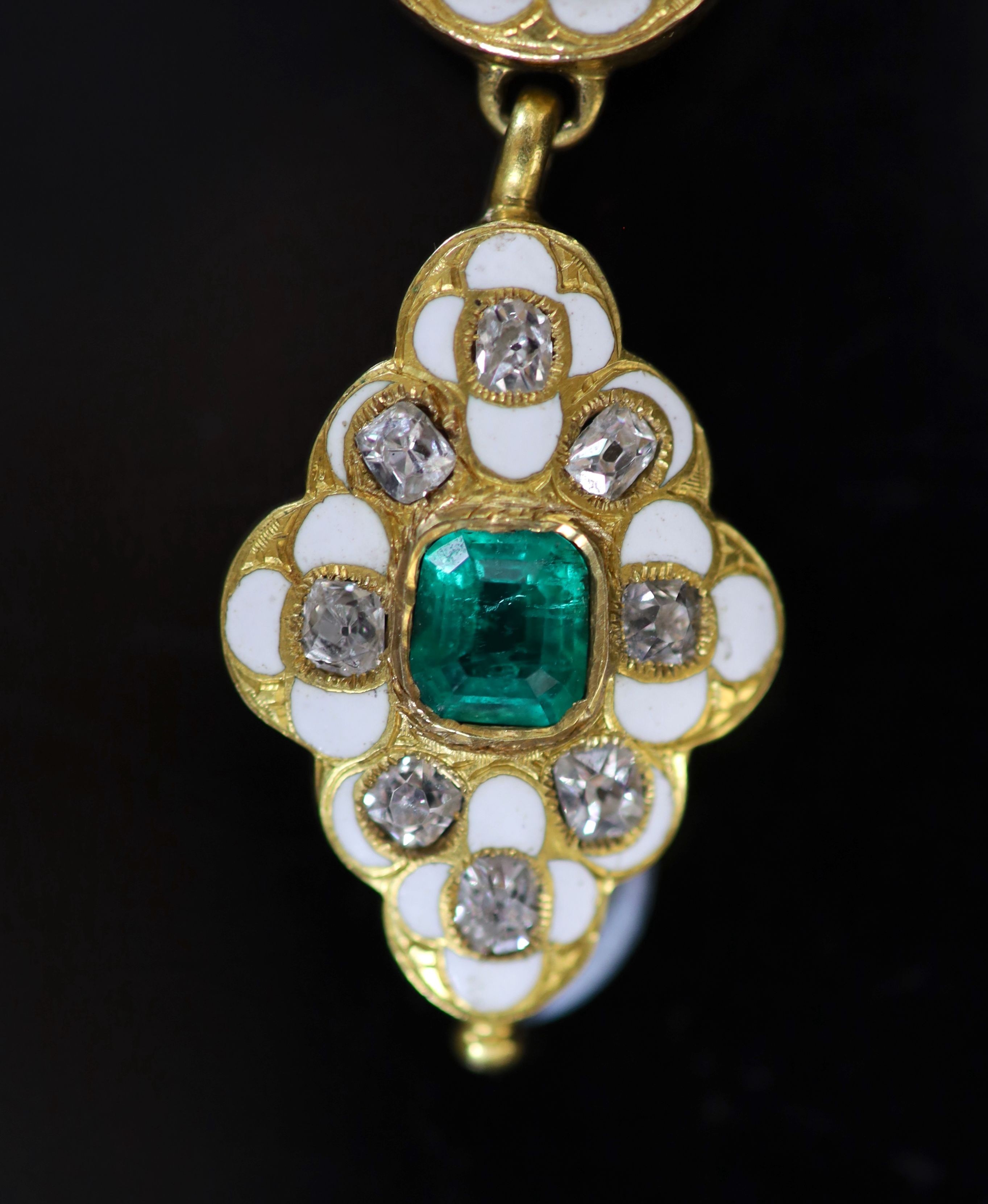 A good Victorian gold, white enamel, emerald and diamond drop pendant